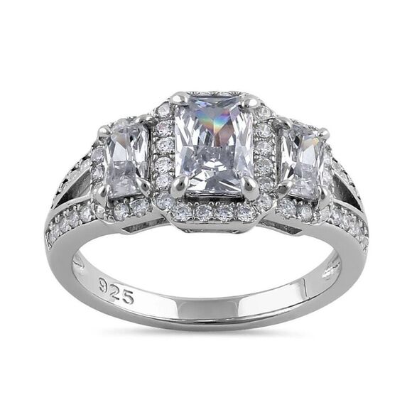 New Sterling Silver Triple Rectangular Halo Clear CZ Engagement Ring - Picture 2 of 4